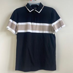 White cream tan black collared shirt great for casualwear zipper in the front